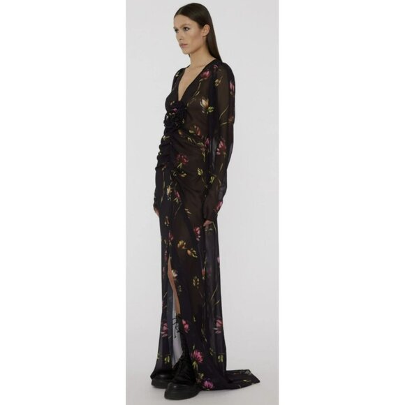 Rotate $469 Floral Size Small Maxi Dress Rosette Ruched Long Sleeve Formal NWT - Picture 2 of 13